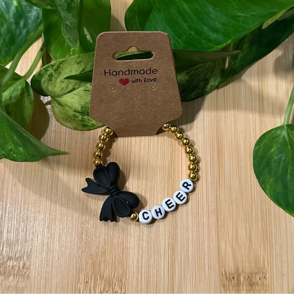 Gold Kids’ Stretchy Beaded Cheer Bracelet | Handmade | Silicone Bow 📣✨